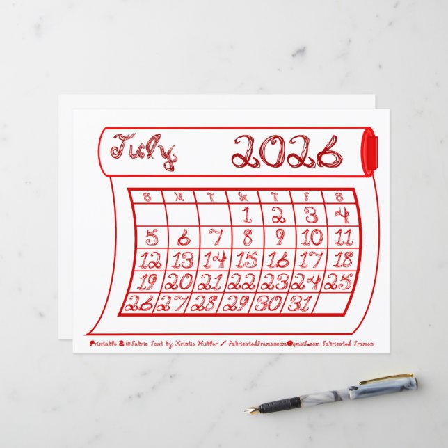 Calendário do Mês de Julho de 2026 em Fonte de Tec (Frente/Verso In Situ)
