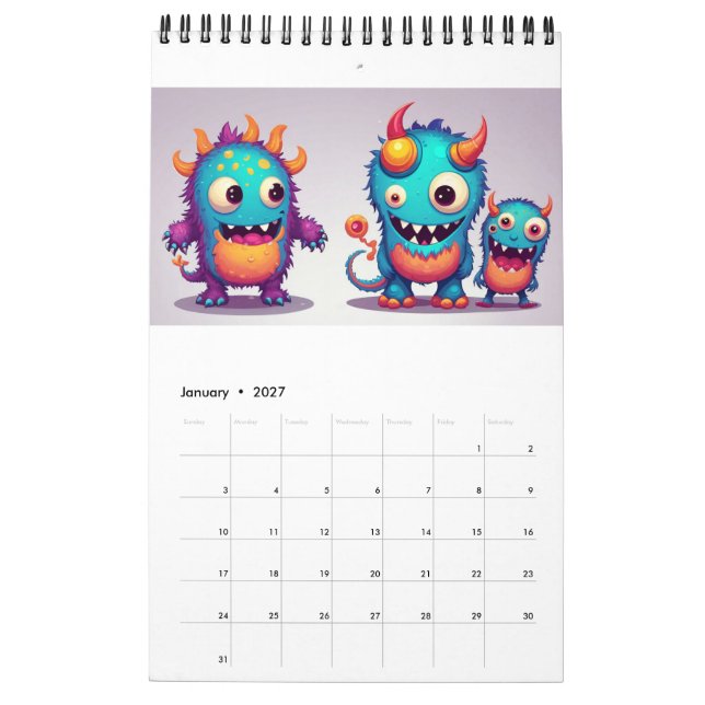 Calendário do monstro feliz bonito 2024 (Jan 2027)