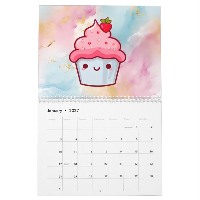 Calendário do muffin da comida do cupcake kawaii (Jan 2027)