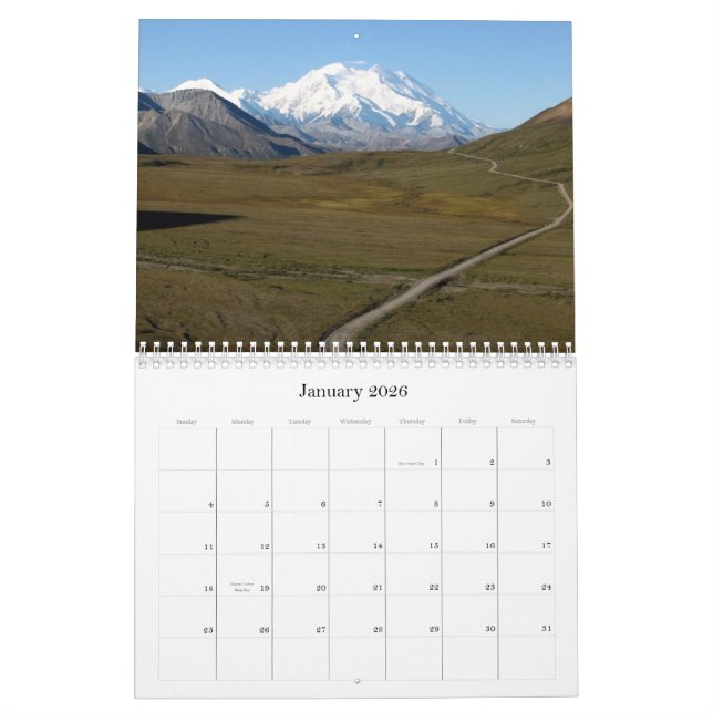 Calendário do parque nacional do Denali de Alaska (Jan 2026)