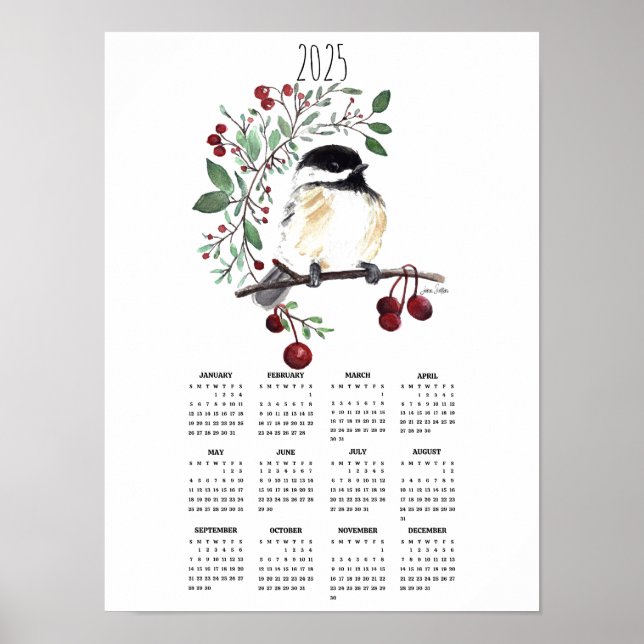 Calendário do Poster da Ramificação Chickadee Berr (Frente)