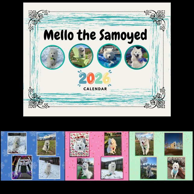 Calendário do Samoyed Mello 2026 (Cover, January, February, March)