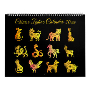 Calendário Dourado Gradiente Chinês Zodiac Preto