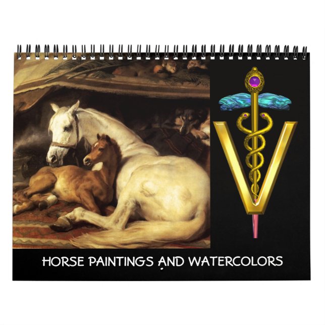 CALENDÁRIO DOURADO SÍMBOLO VETERINÁRIO CADUEUS CAVALOS ARTE F (Capa)