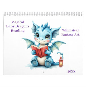 Calendário Dragões-Bebês Magos Lendo Arte Fantástica Whimsica