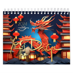 Calendário Dragões Chineses Ano personalizado 2024 C