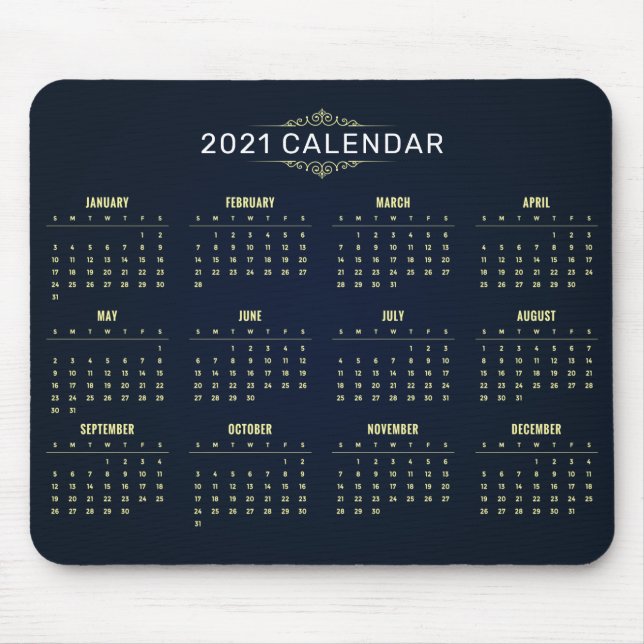 Calendário Elegante Dourado e Azul 2021 | Mousepad (Frente)