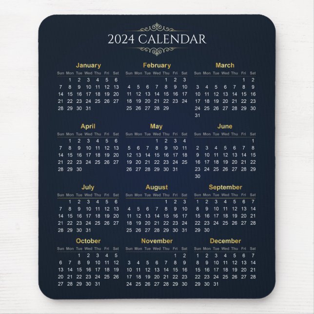 Calendário Elegante Dourado e Azul 2024 | Mousepad (Frente)