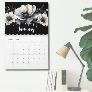 Calendário Elegante Floral em Aquarela Preto e Branco