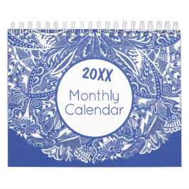 Calendário Elegante Mandala Art Colorida Blue White Mensal