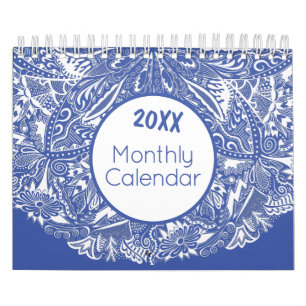 Calendário Elegante Mandala Art Colorida Blue White Mensal
