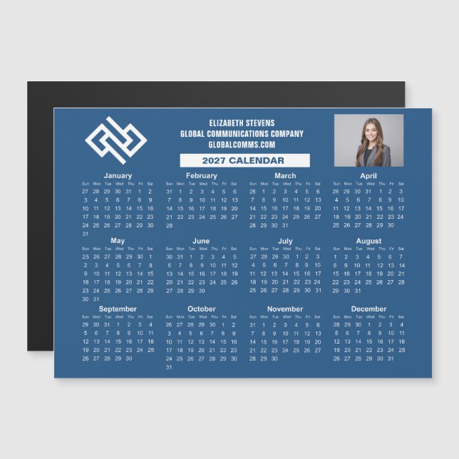 Calendário Empresarial Azul 2027 Ímã Personalizado (Frente/Verso)