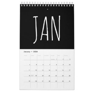 Calendário Escrita Caligráfica em Script Preto e Branco