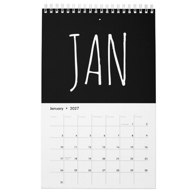 Calendário Escrita em Roteiro Preto e Branco 2026 (Jan 2027)