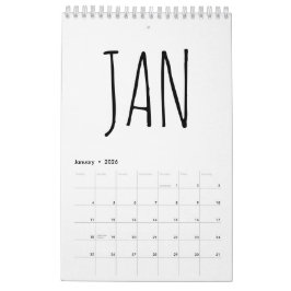 Calendário Escrita Simples em Preto e Branco 2026