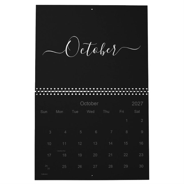 Calendário Escrito branco preto simples moderno mês de 2024 (Out 2027)