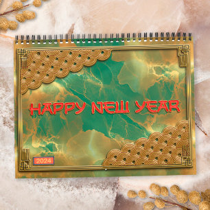 Calendário Esmeralda Verde Vermelho Dourado 12 Signos do Zodí