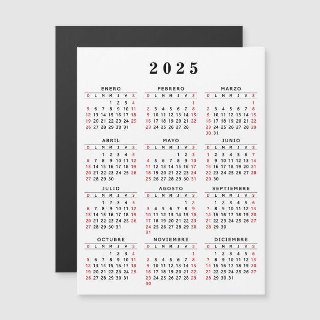 Calendário Espanhol 2025 Vermelho Branco Preto (Frente/Verso)