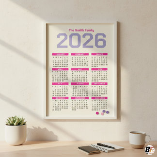 Calendário Familiar Anual Moderno Rosa e Roxo 2026
