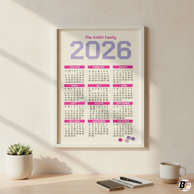 Calendário Familiar Anual Moderno Rosa e Roxo 2026 (Criador carregado)