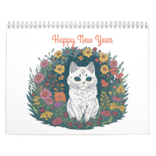 Calendário Feliz Ano Novo Gato Colorido