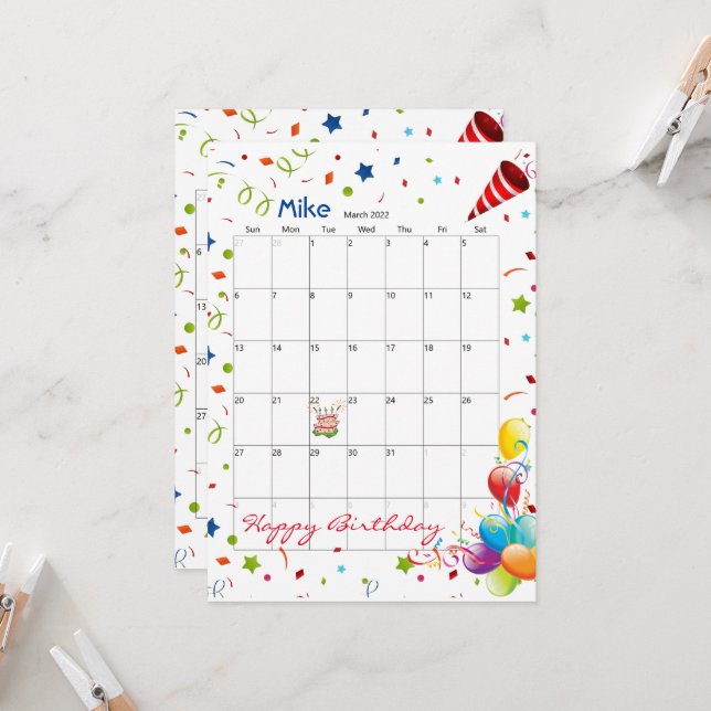 Calendário Feliz Convite de Aniversário de Março d (Frente/Verso In Situ)