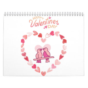Calendário Feliz Dia dos Namorados Adoram Pássaros Rosa Coraç