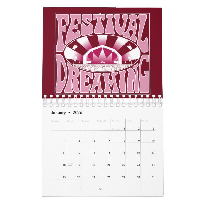 Calendário Festival de Sonho Retro White-Pink-Cranberry (Jan 2026)