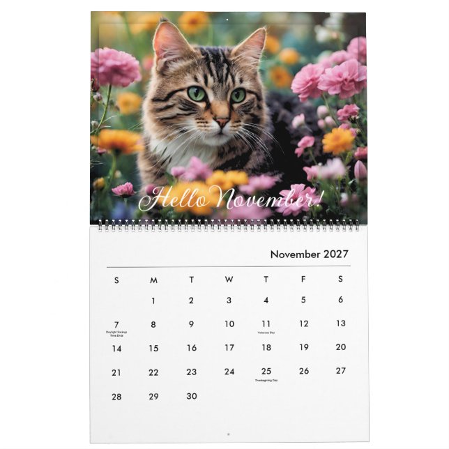 Calendário Flor De Gatos De Animais Cortos Diariamente Mensal (Nov 2027)