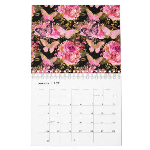 Calendário Flor Floral de Rosa de Borboleta