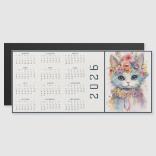 Calendário Floral Abstrato de Aquarela com Gato