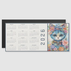Calendário Floral Abstrato de Aquarela com Gato Ve