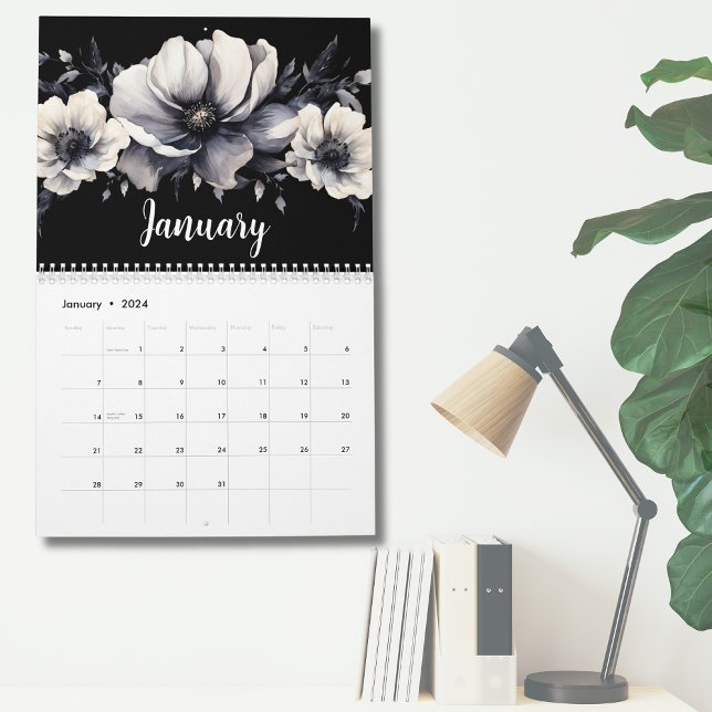 Calendário Floral de Cor Branca Elegante (Chic Elegant Black White Watercolor Floral Calendar)