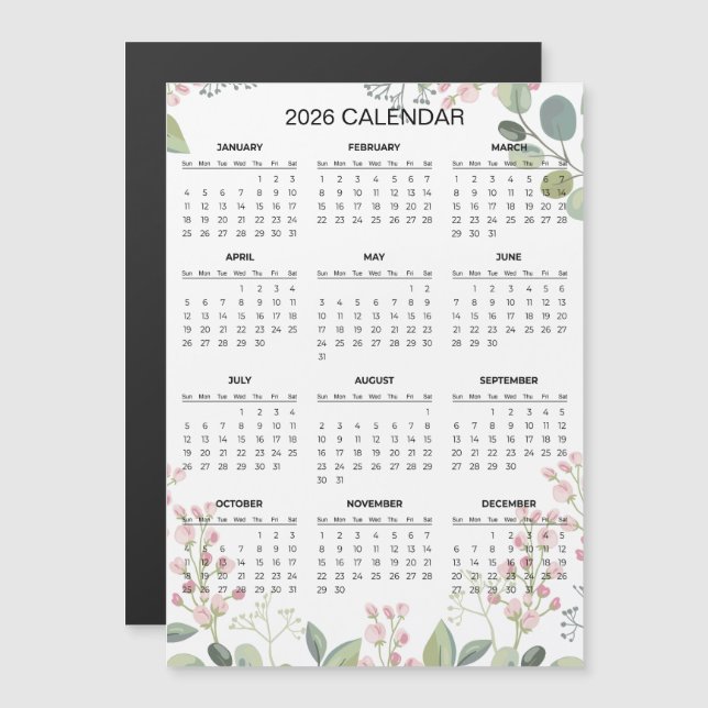 Calendário Floral Simples, porém Elegante de 2026  (Frente/Verso)