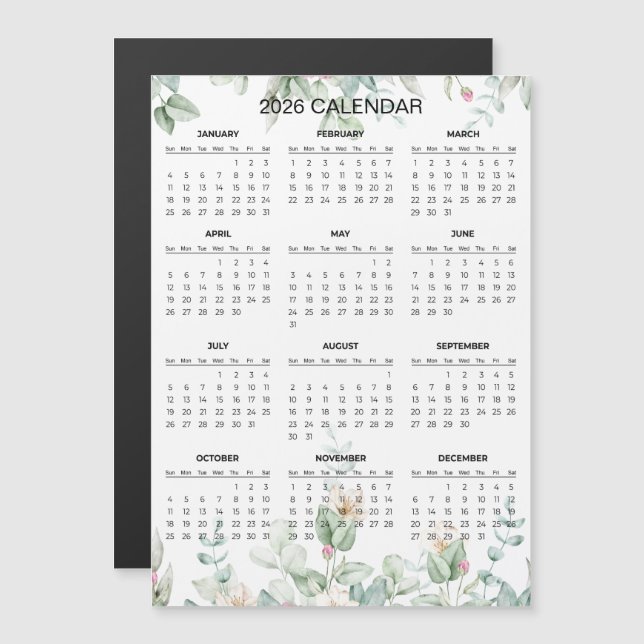 Calendário Floral Simples, porém Elegante de 2026  (Frente/Verso)
