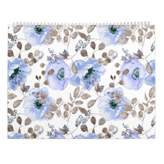 Calendário Flores de Aquarela Azul-Chic