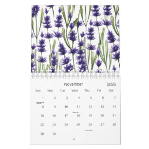 Calendário Flores de Lavanda Roxo de Aquarela 2026