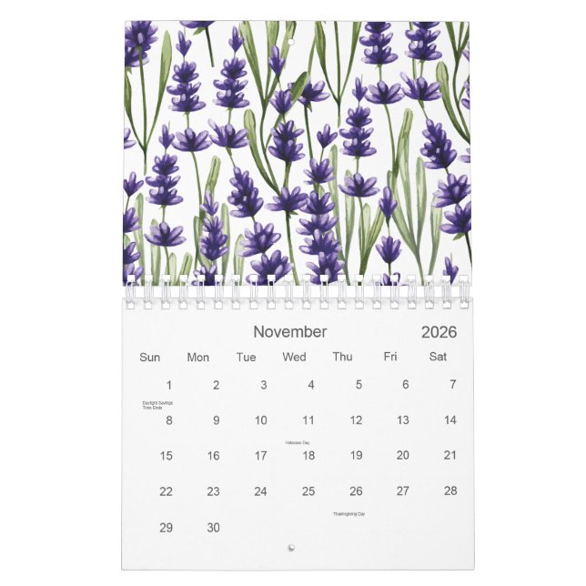 Calendário Flores de Lavanda Roxo de Aquarela 2026 (Nov 2026)