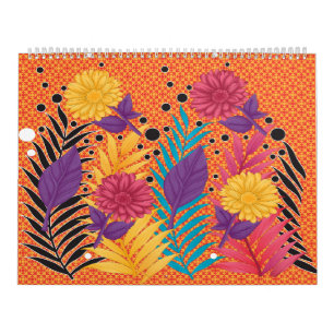 Calendário flores e folhas coloridas sobre fundo preto