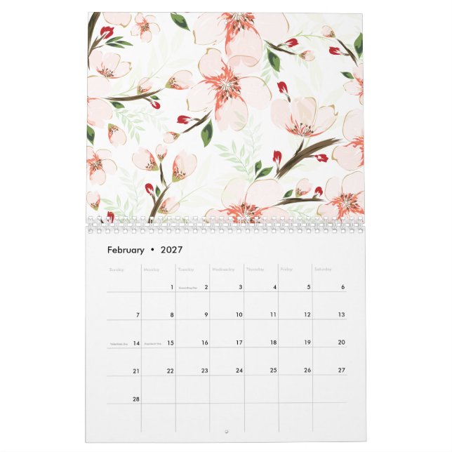 Calendário Flores rosa (Fev 2027)
