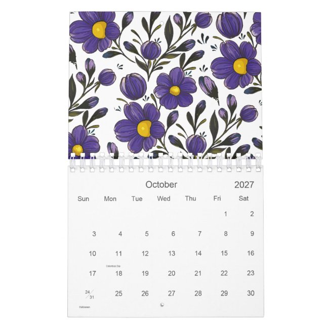 Calendário Flores Violetas Azuis com Folhas 2026 (Out 2027)