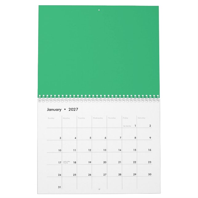 Calendário Folha verde vibrante com veias proeminentes e uma  (Jan 2027)
