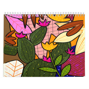 Calendário Folhas e flores abstrato tropicais