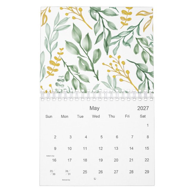 Calendário Folhas Verdes e Amarelo Ouro Floral 2026 (Maio 2027)