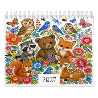Calendário Folk Art Woodland Animals de 12 Meses