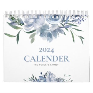 Calendário foto azul floral moderna personalizada 2024 calend