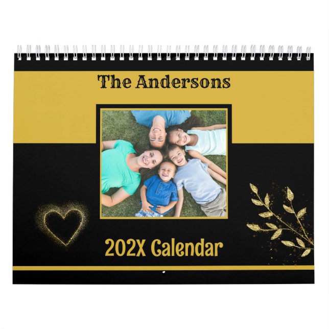 Calendário Foto da família personalizada preta e Dourada (Capa)
