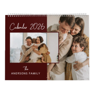 Calendário Foto de família com estética minimalista vermelha