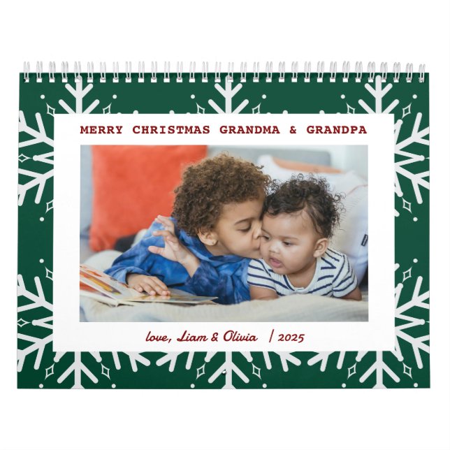 Calendário Foto de Natal Verde em Flocos de Neve | Presente (Capa)
