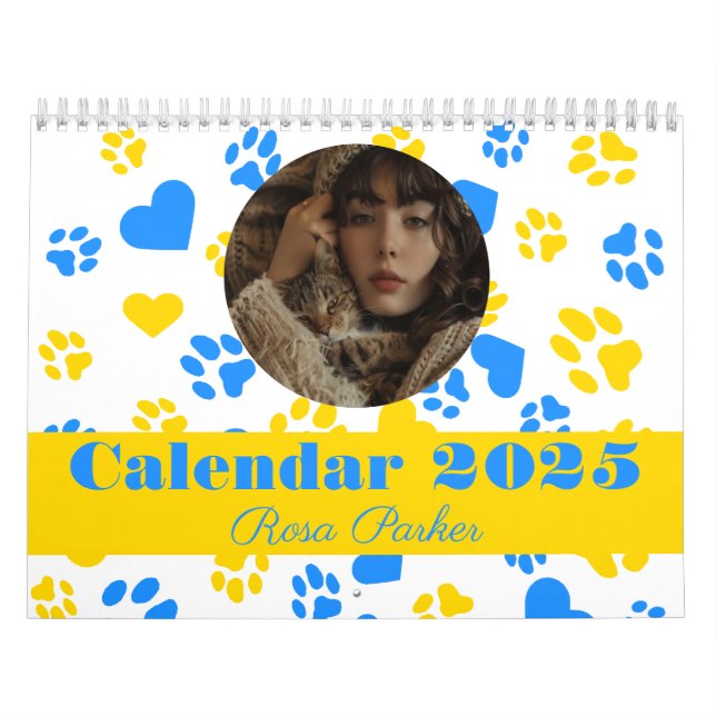 Calendário Foto personalizável e nome Paw azul e Dourado (Capa)